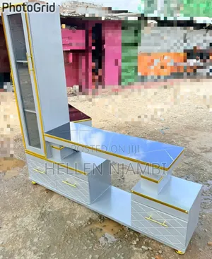 Executive Extended TV Stand with Marble Coating and Shelf Cabinet