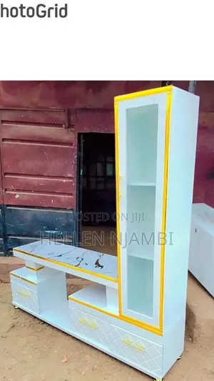 Extended TV Stand with Marble Coating and Shelf Cabinet