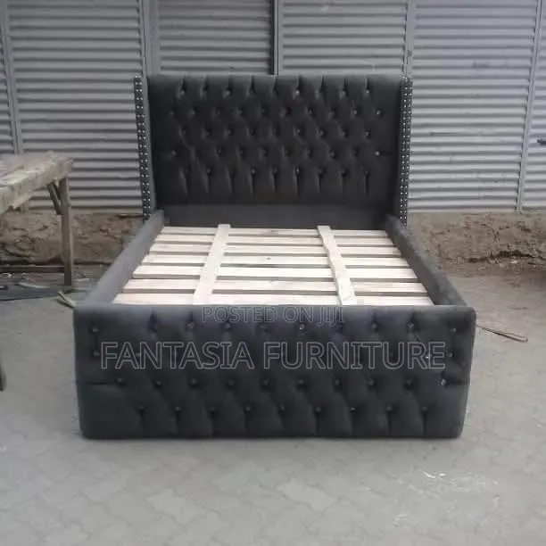 Dark Grey Velvet Wingback Bed (5x6) - Brand New - 1