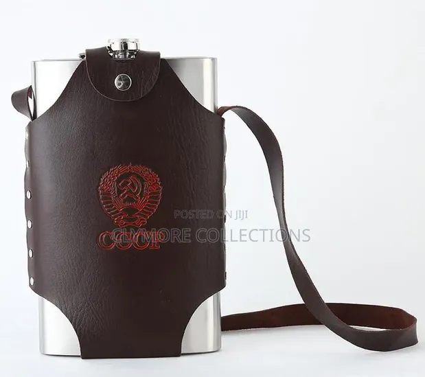 Heavy-Duty 64 Oz Jumbo Stainless Steel Whiskey Flask with Leather Cover - 1