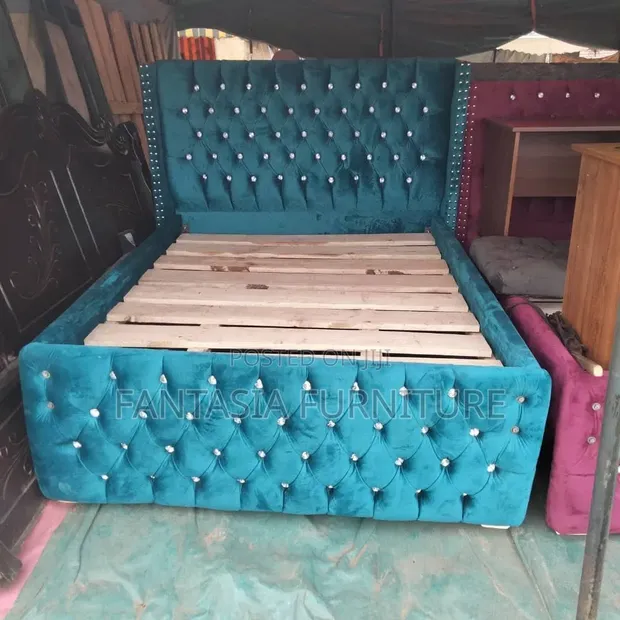 Ideal Teal Velvet Wingback Bed - Brand New - 1