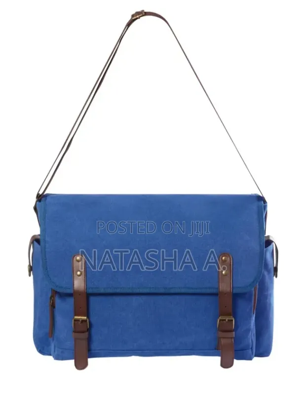 Blue Canvas Messenger Bag with Faux Leather Straps - 1