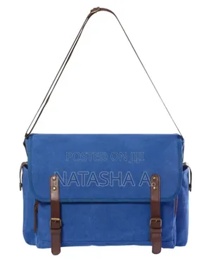 Blue Canvas Messenger Bag with Faux Leather Straps