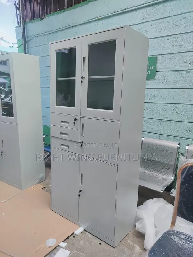 4-Partition Glass Office Cabinet with Safe - 1