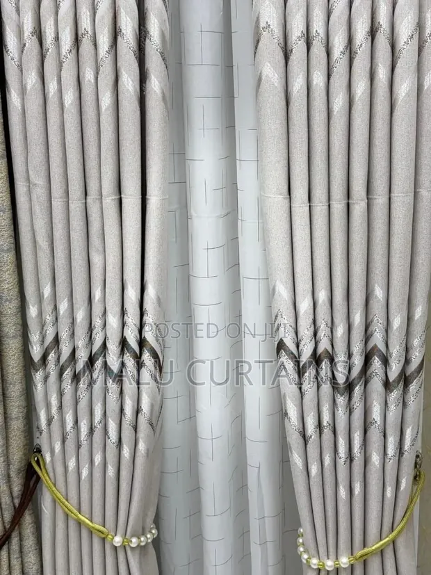 Beige Cream Chevron Curtains with Gold Silver Glitter - 1