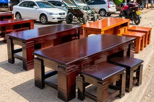 Brown Modern Wooden Coffee Table Set with Stools