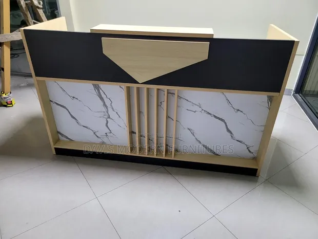 Modern Reception Counter Desk - Beige, Black & Marble White - 1