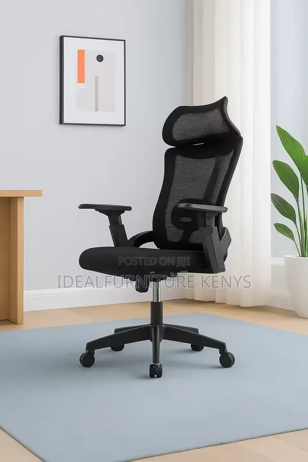 Kiti cha Ofisi cha Ergonomic chenye Headrest - Nyeusi Kabisa - 1