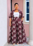 Seti ya Palazzo ya Maridadi ya Maroon-White Iliyochapishwa ya 3pc na Kimono Ndogo - 1