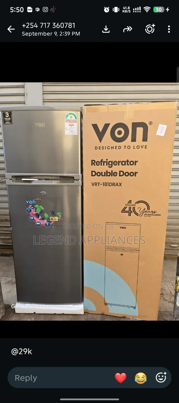 Von 118L Double Door Refrigerator - 1