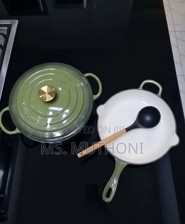 Heavy Olive Green Cast Iron Casserole Skillet Combo - 1