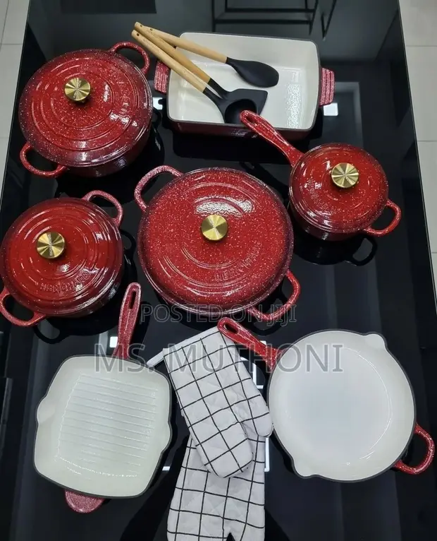 11-Piece Enameled Cast Iron Cookware Set - Red - 1