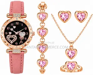 4-Piece Women's Rose Gold Heart Watch & Jewelry Set