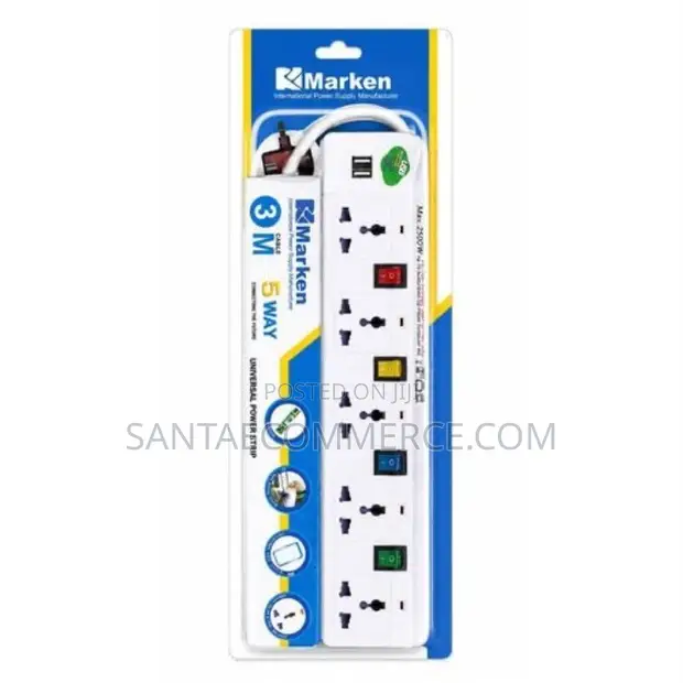 Marken 5-Way Extension Power Strip with 2 USB Ports - 3M Cable - 1