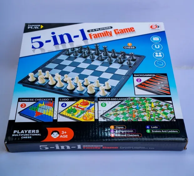 5-in-1 Family Board Game Set: Chess, Checkers, Snakes & Ladders - 1