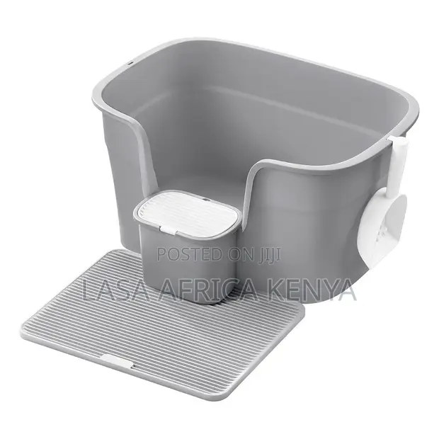 Extra Large Grey Cat Litter Box with High Sides & Scoop - 1