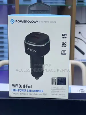 Powerology 75W Car Charger USB-A+C na Kebo ya C-to-C - Nyeusi/Kijivu