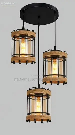 3-Light Rustic Rope & Black Metal Pendant Light