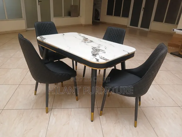 Modern 4-Seater Marble Top Dining Set with Gold Accents - 1