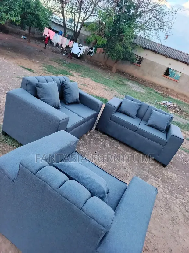 5-Seater Grey Fabric Living Room Sofa Set - 1