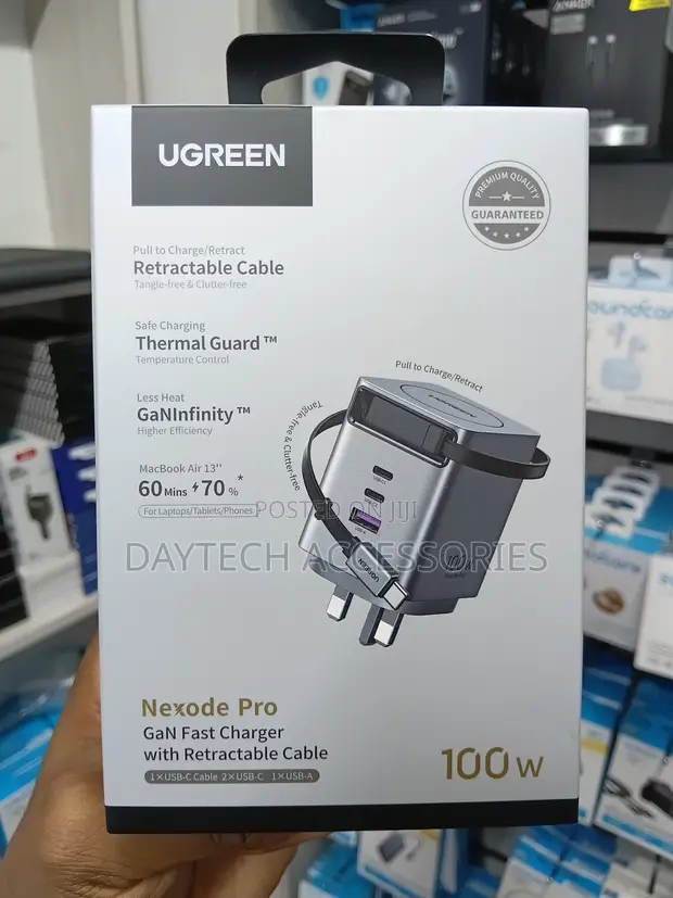 Ugreen 100W GaN Fast Charger with Retractable USB-C Cable (UK Plug) - 1