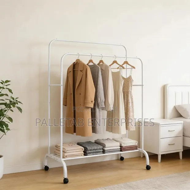 Double Pole Clothing Rack with Wheels & Lower Shelf - 1