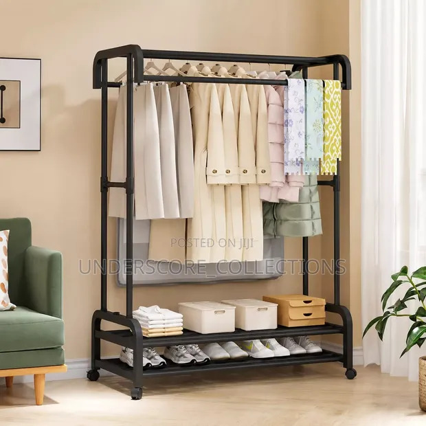 Double Pole Wheeled Clothes Drying Rack with Shoe Rack - Black - 1