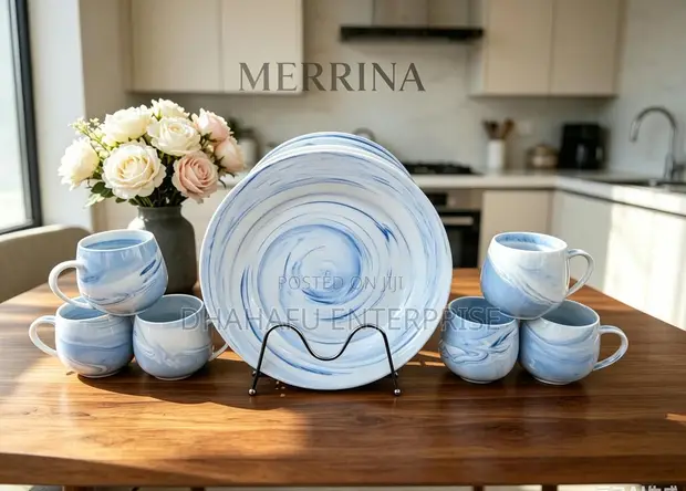 Marble-Effect Dinner Plate & Mug Set with Gold Stand (6+6 Pcs) - 1