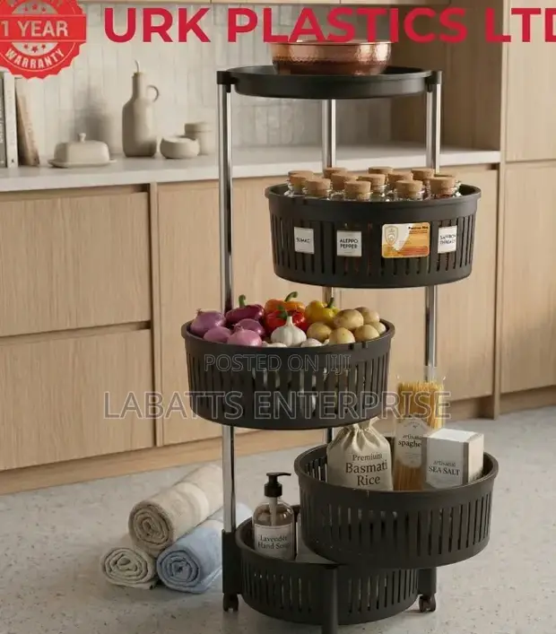 Urk 4-Tier Rotatable Fruit Rack na Magurudumu - Nyeusi - 1