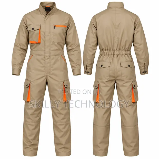 Beige Cargo Overall with Orange Accents - 1