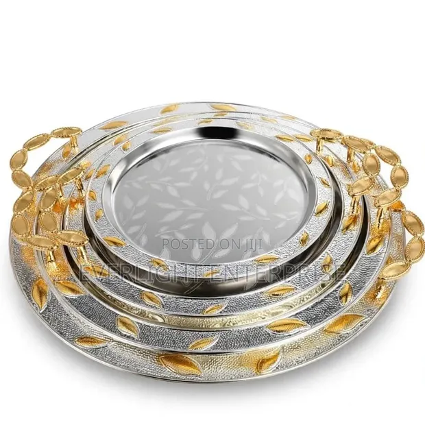 3-in-1 Stainless Steel Serving Trays with Gold Handles - 1