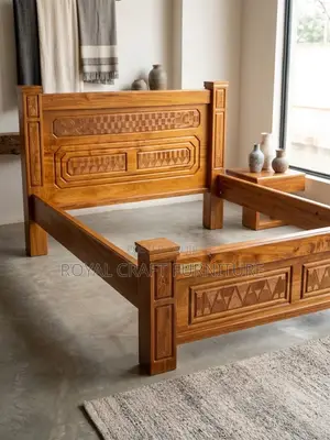 Heavy-Duty 6x6 Mahogany Wood Bed Frame with Hand-Carved Details