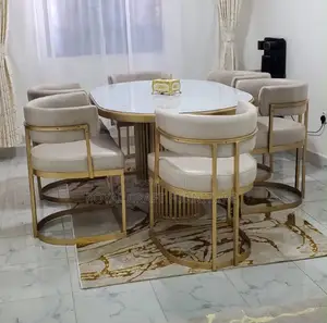 RoyalCraft 6-Seater Marble Top Dining Set with Gold Accent Chairs