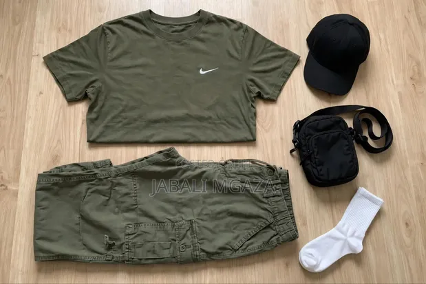 Military Green & White Casual Set - T-Shirt + Cargo Pants - Unisex - 1