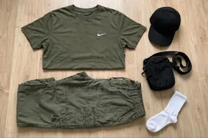 Military Green & White Casual Set - T-Shirt + Cargo Pants - Unisex