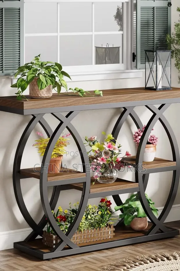 Industrial TV Stand with Metal Frame and Mahogany Tops - 1