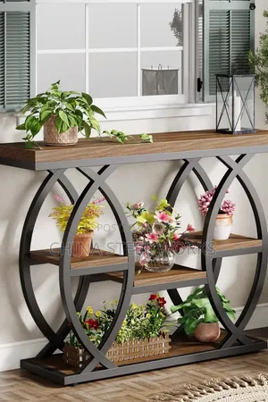 Industrial TV Stand with Metal Frame and Mahogany Tops