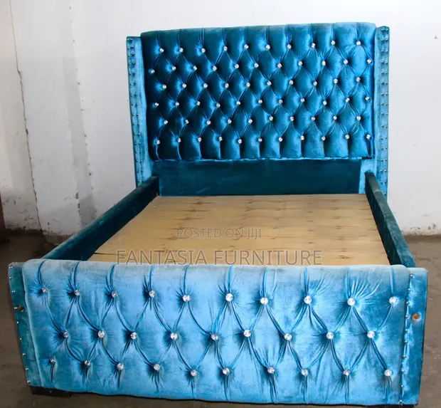 5x6 Blue Velvet Bed with Crystal Tufted Headboard - 1