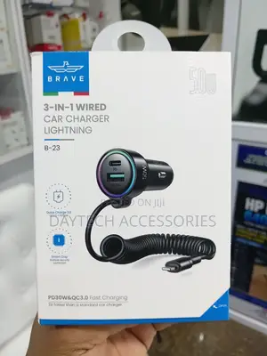 Brave B-23 3-in-1 Car Charger with Lightning, Type-C, USB-A Ports