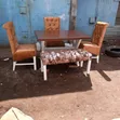Modern Trestle Dining Set with Tufted Chairs & Patterned Bench - 1