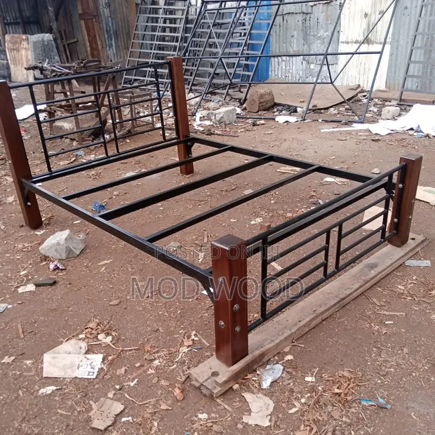 Industrial-Style Metal and Solid Wood 5ft by 6ft Hybrid Bed Frame - 1