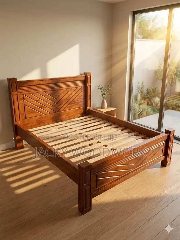 Chevron Pattern Wooden Bed - Queen Size - 1