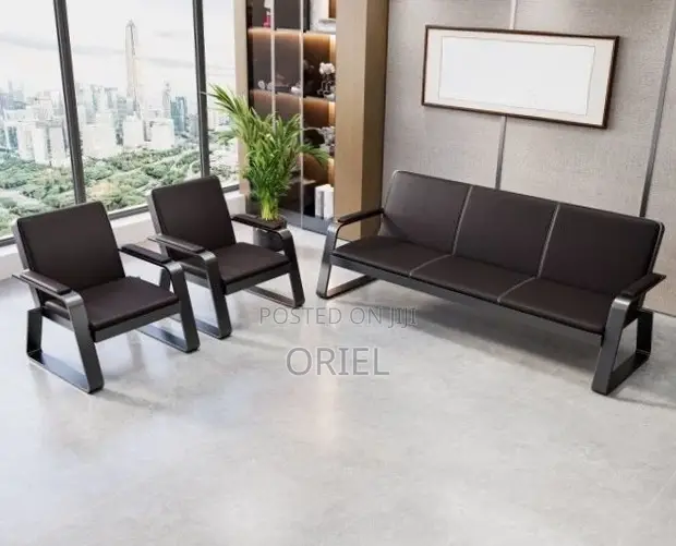 5-Seater Executive Reception Sofa - Black Leather - 1