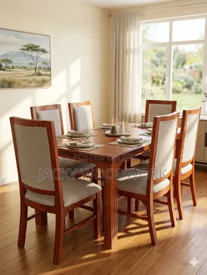 Solid Mahogany 6-Seater Dining Table with Upholstered Chairs
