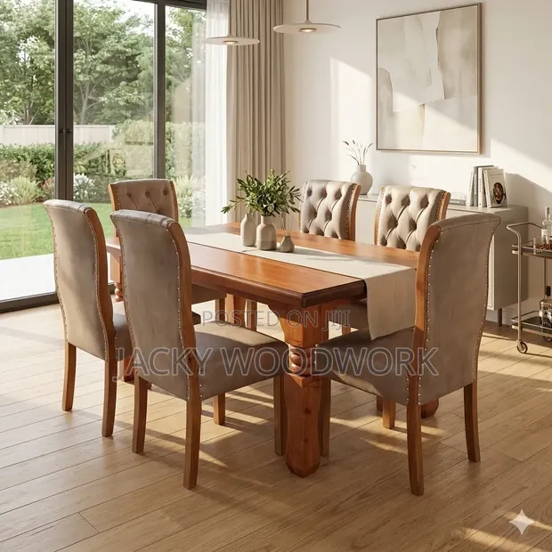 Solid Mahogany Dining Set with Chesterfield Upholstered Chairs - 1