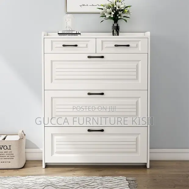 White Wooden Flip Shoe Rack - 5 Shelves - 1