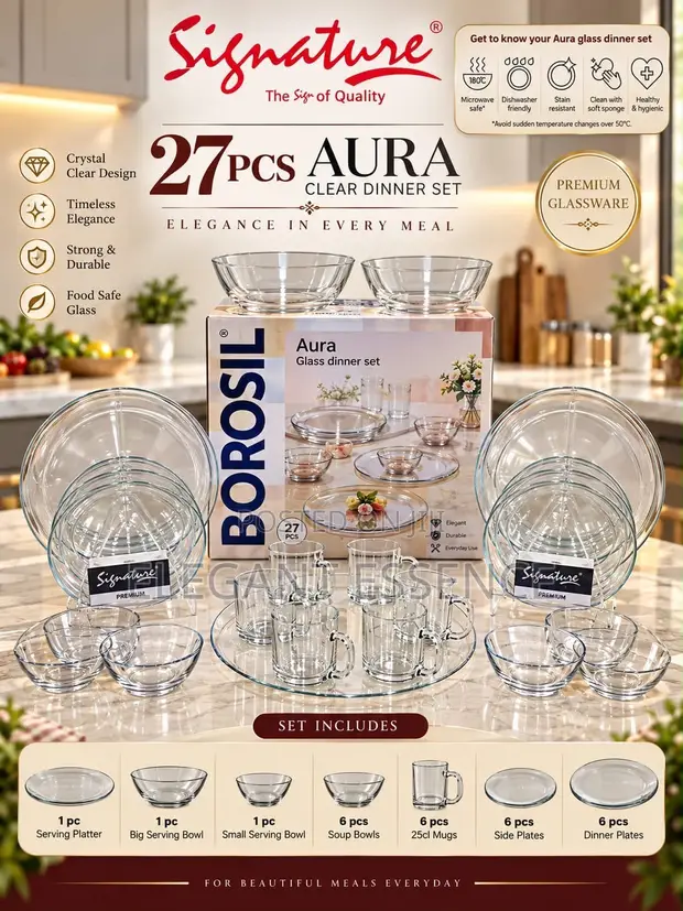 Signature Borosil 27-Piece Aura Clear Glass Dinner Set - 1