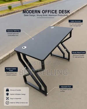 Black Reading Table with Metallic Base and Office Chair