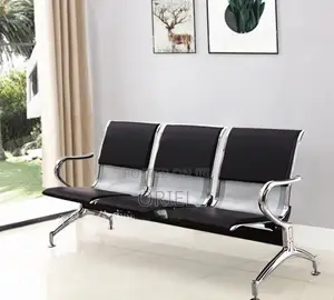 3-Seater Padded Office Bench - Black Leather