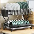 2 Tier Dish Rack with Cutlery & Chop Board Holder - Black - 4